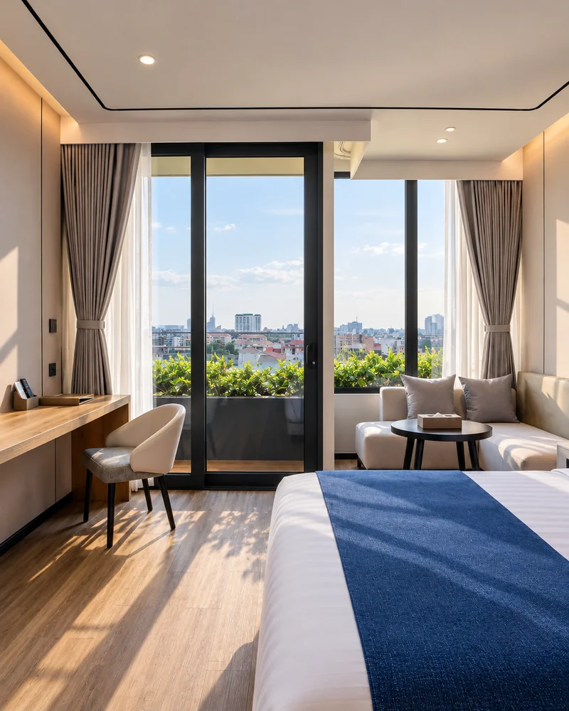 Guest room with balcony and city view at Arbour Hotel and Residence Pattaya