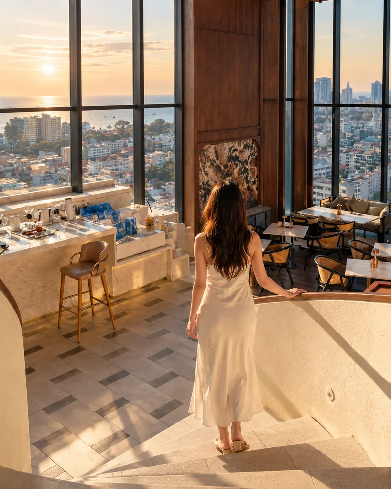 Guest walking down to the sea-view café with floor-to-ceiling windows at Arbour Hotel and Residence Pattaya